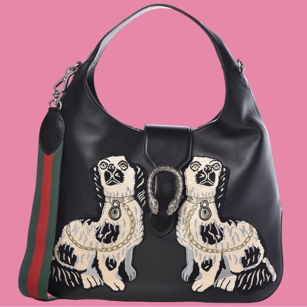 Gucci Calfskin Web Dog Embroidered Large Dionysus Hobo Black